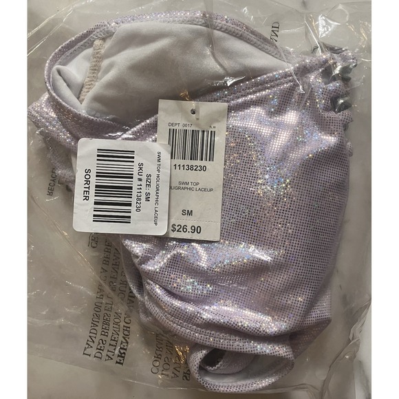 Midnight Hour Holographic Laceup 2 Piece Bikini Silver Pink Metallic Size M - Picture 4 of 7